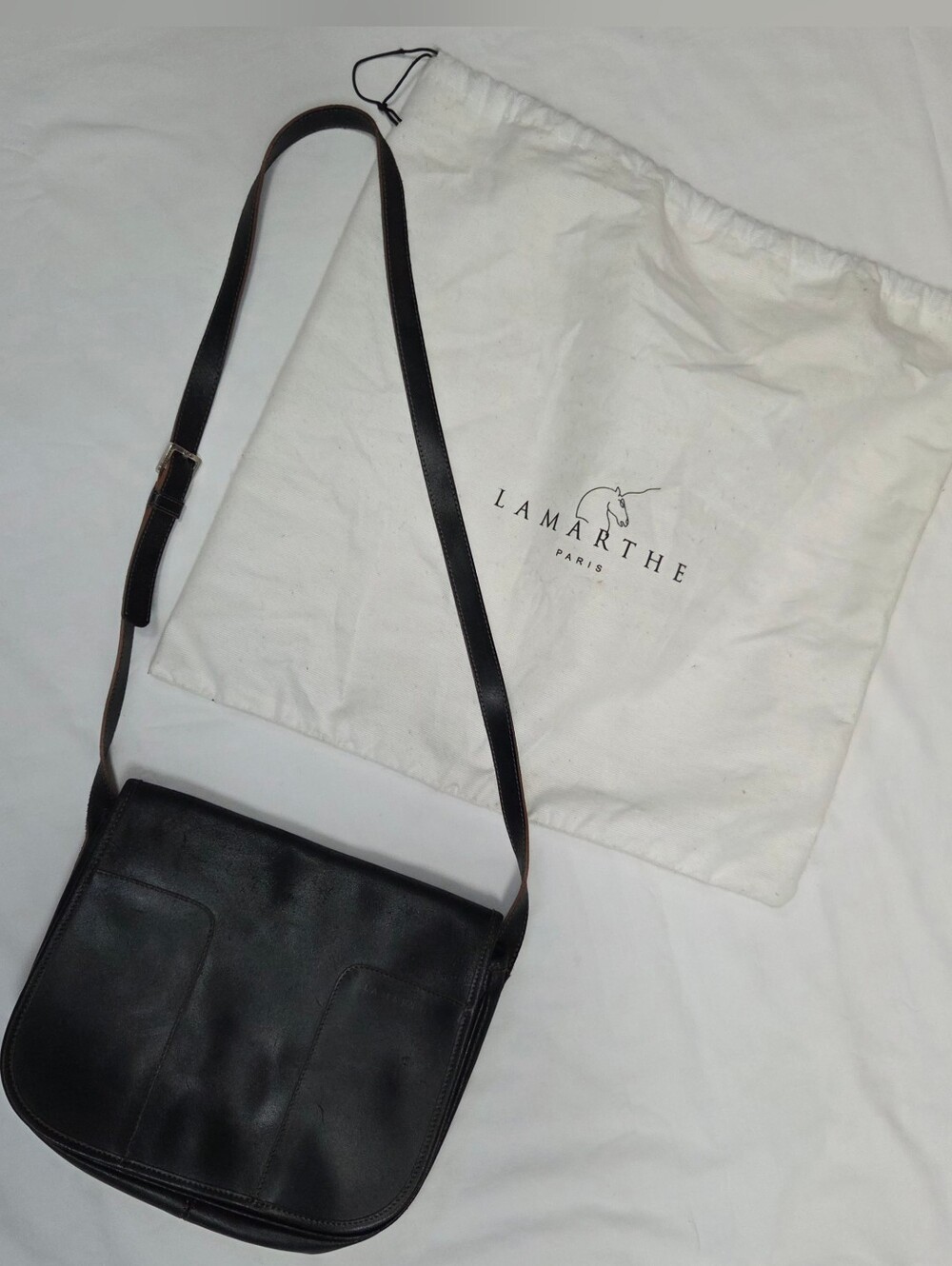 Lamarthe Black Leather Crossbody Messenger Saddle Bag